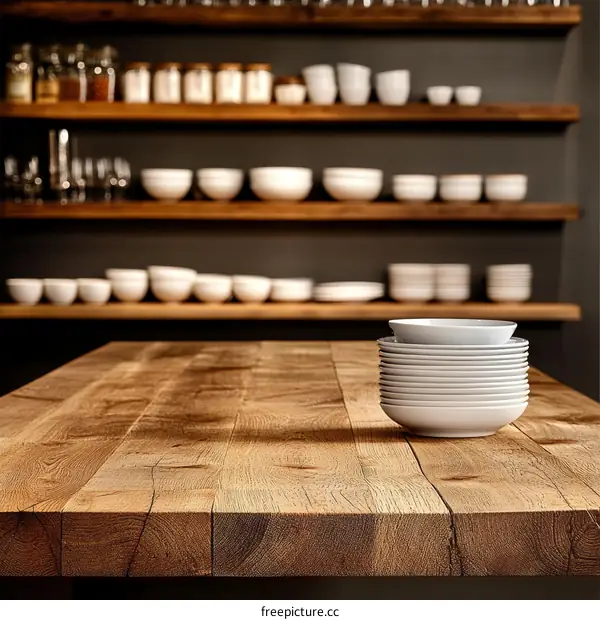 Wooden Kitchen Table with Dishes
