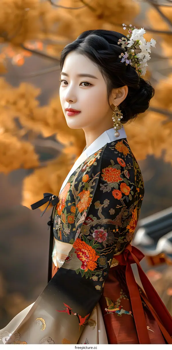Portrait of a young woman in traditional Korean dress, or Hanbok