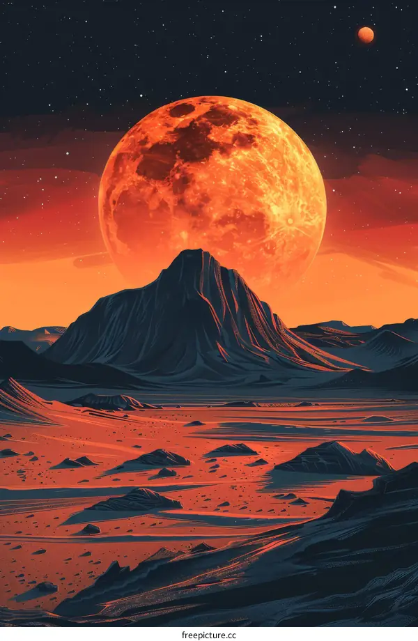 Barren Martian Landscape with a Large Blood Red Moon