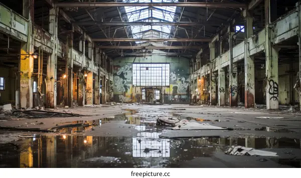 Large abandoned factory building with broken windows and graffiti