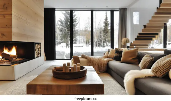 Modern Cozy Living Room with Fireplace and Snowy View