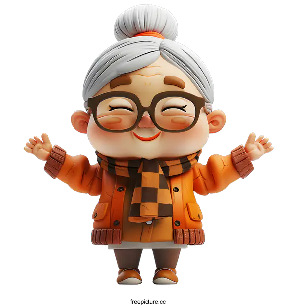 [Transparent Background PNG]Smiling Cartoon Grandmother with Grey Hair and Orange Jacket