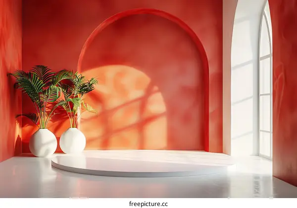 Modern Coral Red Room Interior Design with Showcase