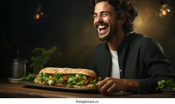 Man Enjoys a Hearty Submarine Sandwich