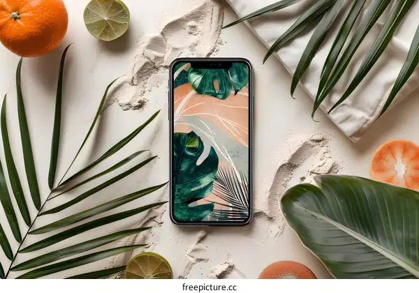 Tropical Phone Screen with Palm Leaves and Citrus Fruit