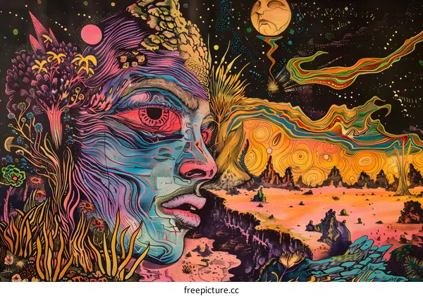 Psychedelic Art Illustration of a Face and a Desert Landscape