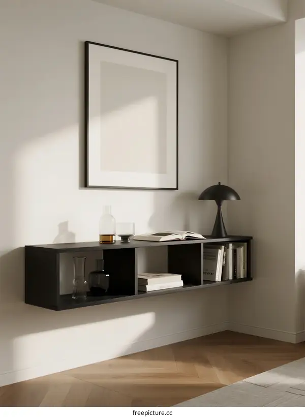 Minimalist black wall shelf with framed art and lamp