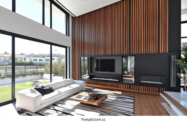Modern Living Room with Large Windows and Wooden Wall Panels