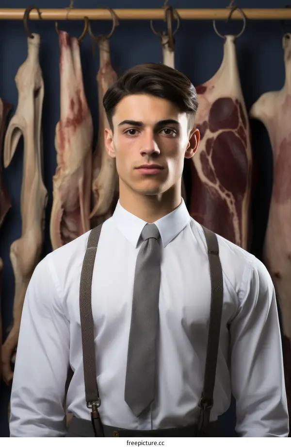 Young butcher in front of meat