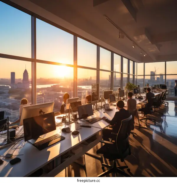 A group of people working in an office with a view of the city
