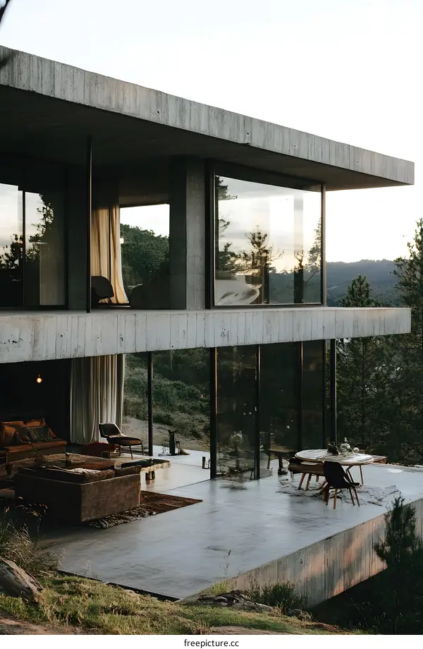 Modern Concrete House with Large Windows overlooking Forest