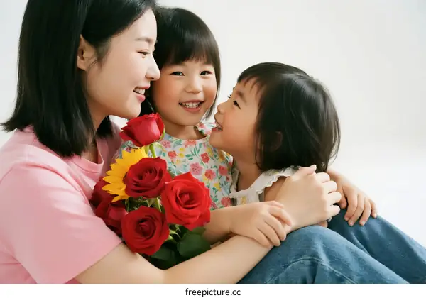 A mother and two little girls enjoying a joyful moment together