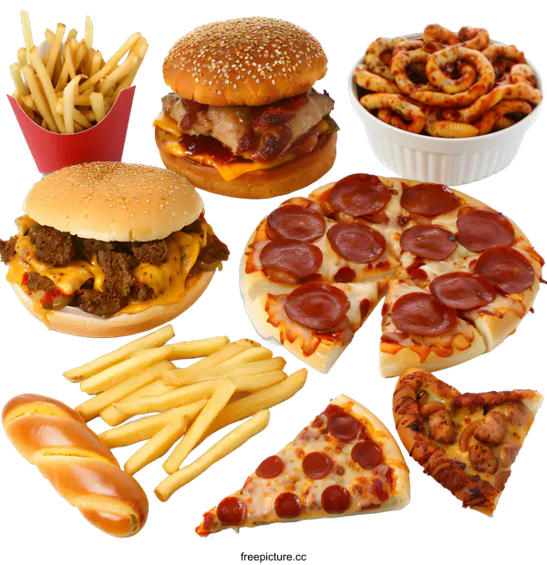 [Transparent Background PNG]Fast Food Feast: Burgers, Pizza, Fries, and More