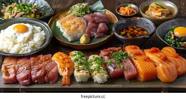 A variety of fresh and delicious sushi and sashimi