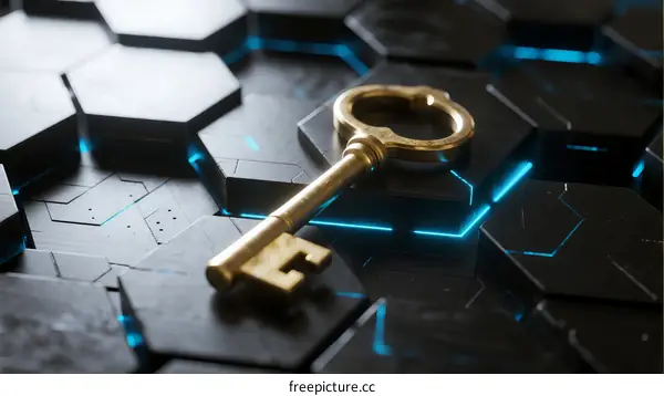 Golden Key on Hexagonal Technology Background
