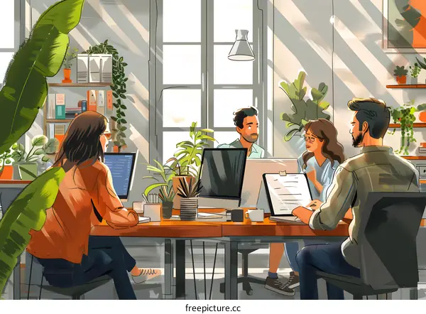A group of people working in a creative office space