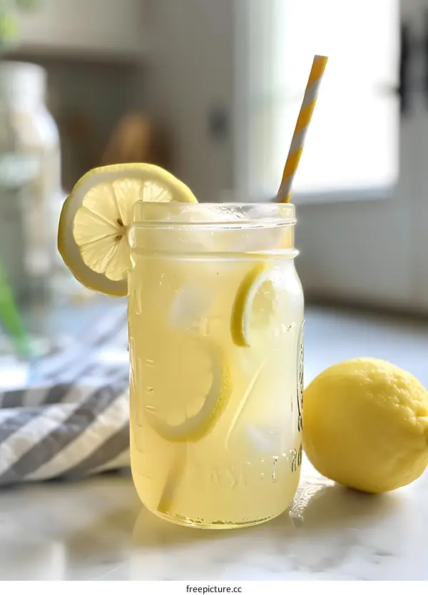 Glass of Iced Lemonade with Lemon Slices and Straw