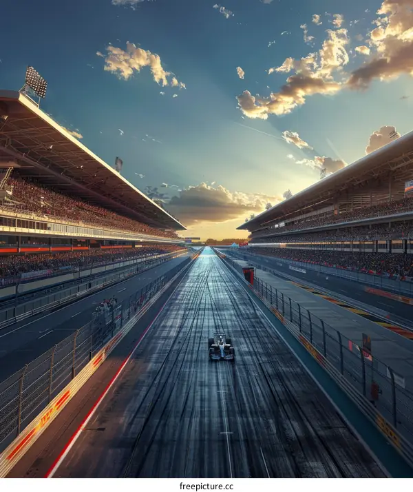 Formula One car racing down a track with a sunset in the background
