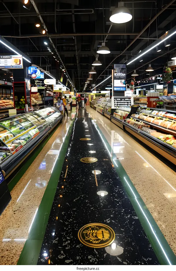 Supermarket Aisle with Golden Circles on the Floor