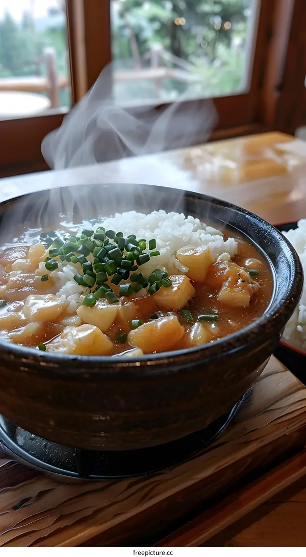 Closeup of Steaming Bowl of Japanese Curry Rice