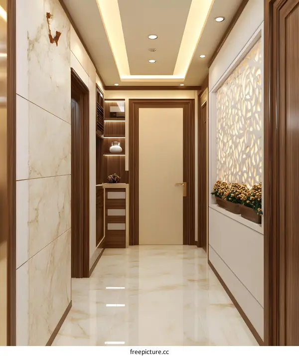 Modern Minimalist Hallway Design with Wooden Paneling and Beige Tiles