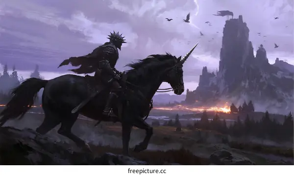 A mysterious knight riding a black unicorn through a mountainous landscape