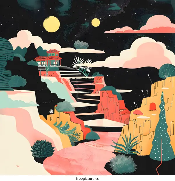 Night Sky Above Colorful Landscape With House