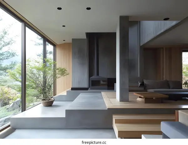 Modern Minimalist Home Interior Design With Concrete Walls and Large Windows