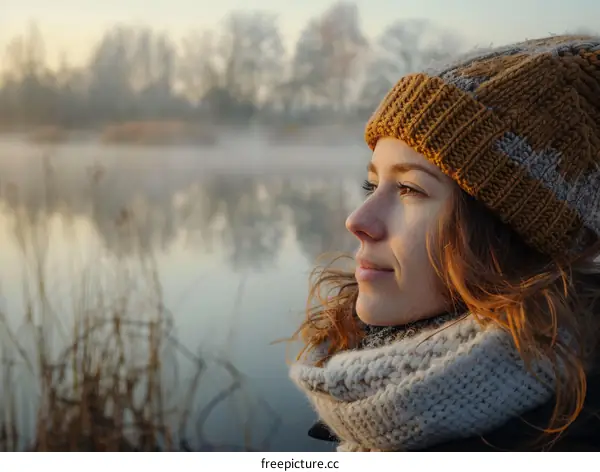 Young woman standing near the lake and looking at the sunrise