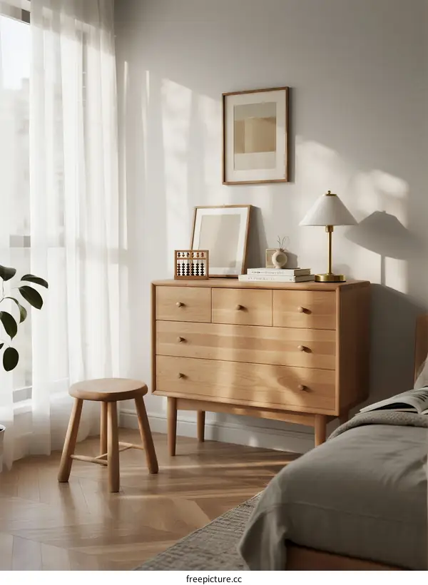 Sunlit Minimalist Bedroom with Wooden Furniture and White Curtains