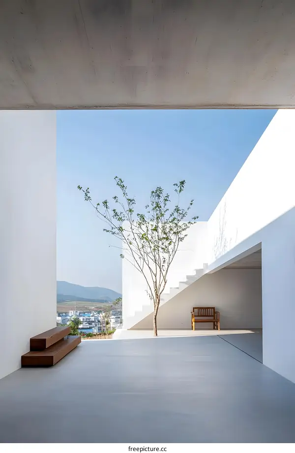 Minimalist White Concrete Patio with a Tree and a Bench