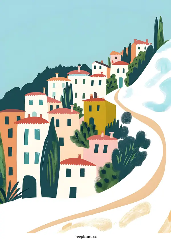 Colorful Illustration of Houses on a Hill