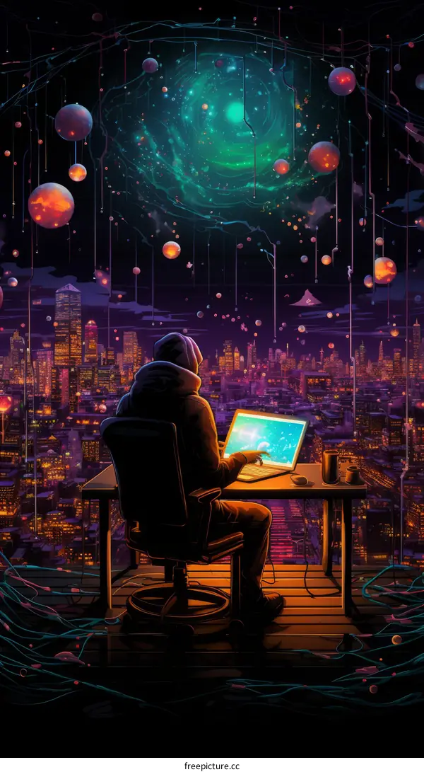 A hacker in a dark room with a laptop and a city in the background