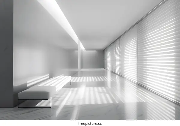 Minimalist White Corridor Interior Design with Bench and Blinds