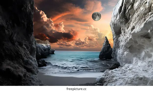 Dramatic Sunset Sky Over Ocean With Rocks