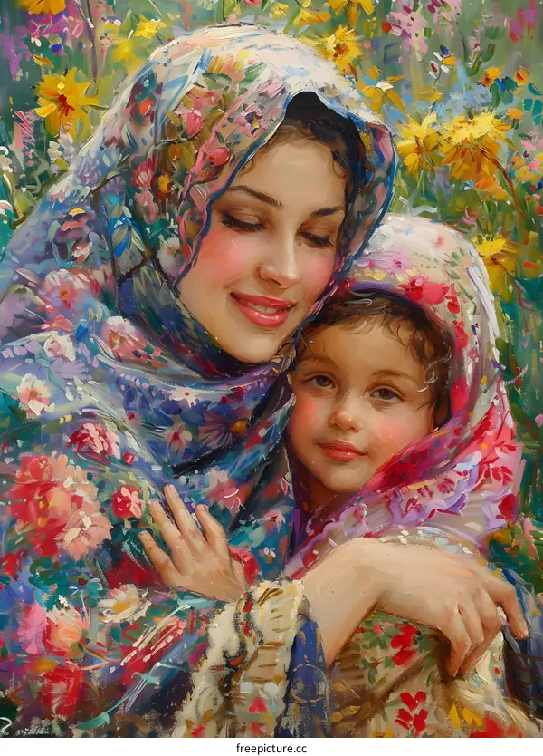 Russian Oil Painting: Mother and Daughter in a Field of Flowers