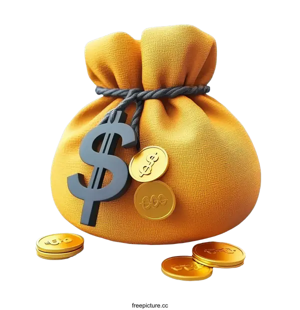 [Transparent Background PNG]Golden Money Bag with Dollar Sign and Coins