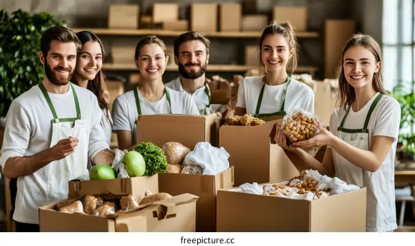 Volunteers Packing Food Donations in a Warehouse