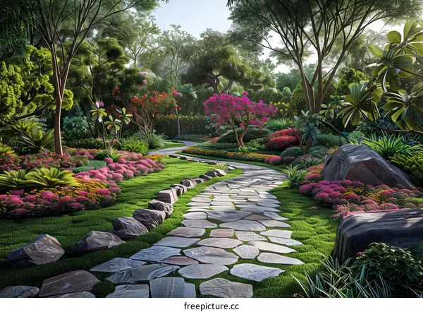 Stone path through a lush garden