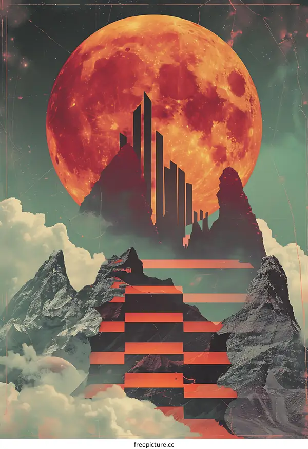 Surreal Digital Art with Mountain and Red Moon Collage