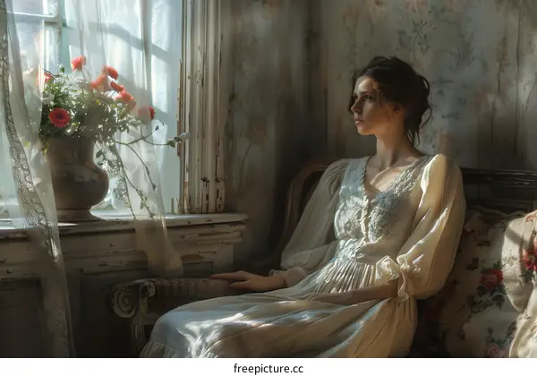 portrait of a young woman in a white dress sitting in a chair by the window