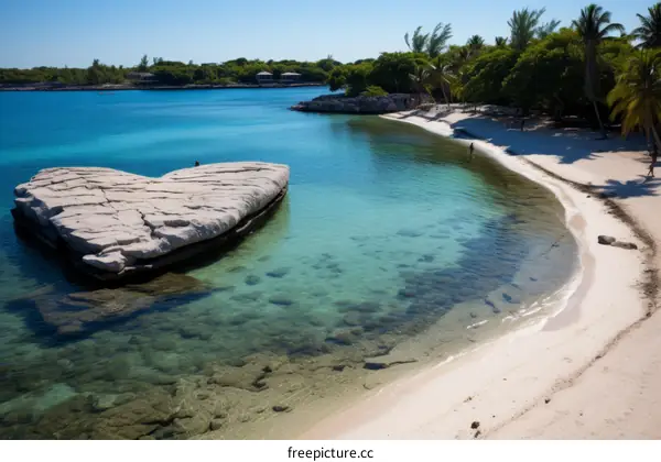 People walking on the beach with a heart shaped rock in the water