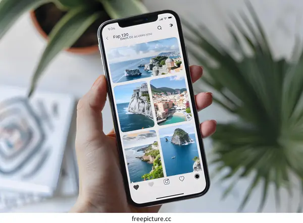 Hand Holding Smartphone Showing Pictures of Sea and Coastal City