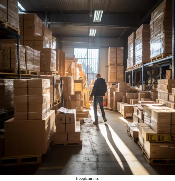 A warehouse worker walks through a warehouse full of boxes.