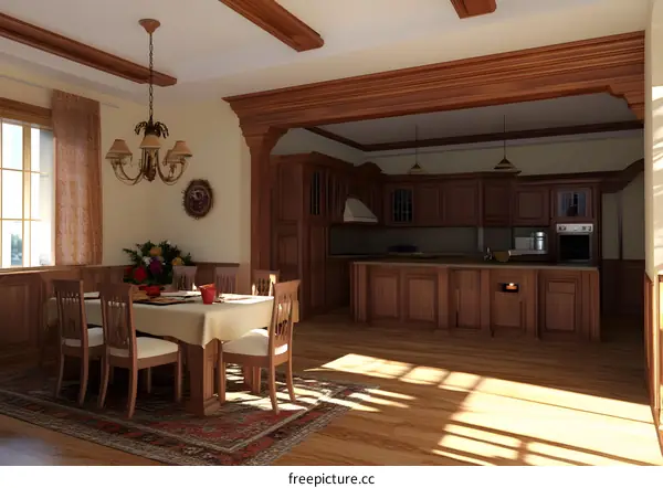 Wooden Dining Room Interior Design With Chandelier And Kitchen