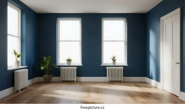 Bright and airy room with blue walls and large windows