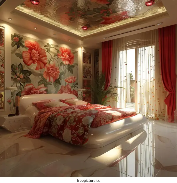 Luxury Bedroom Interior Design with Floral Wall Decor