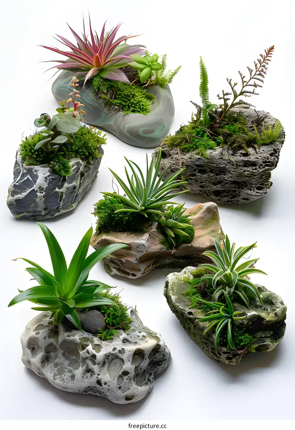 Green plants on stone pots isolated on white