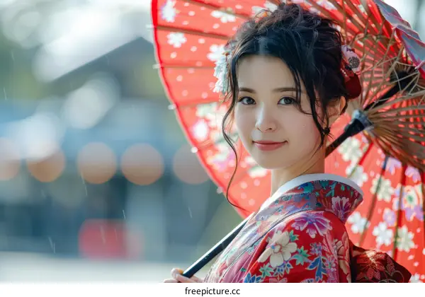 Portrait of a beautiful Japanese woman in traditional kimono holding a red umbrella.