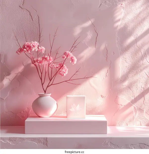 pink flowers in vase on pink shelf with pink background